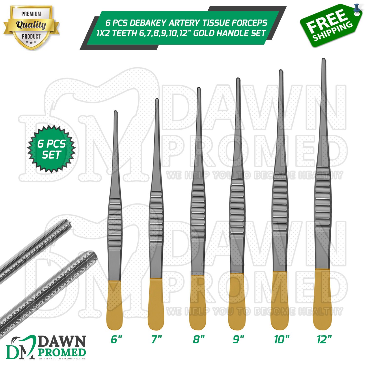 6 Pcs Debakey Artery Tissue Forceps 1x2 Teeth 6,7,8,9,10,12" Gold Handle Set