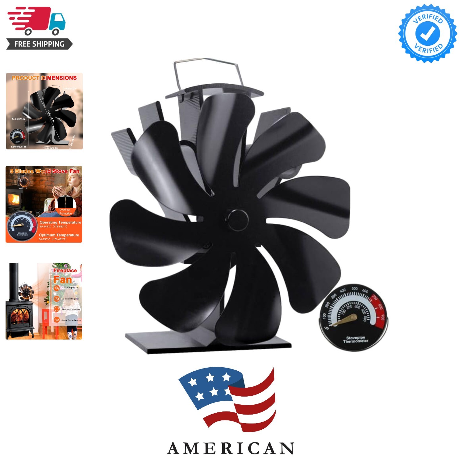 Wood Stove Fan Heat Powered Fireplace Fans Non Electric, 8 Blades Heat Activa...