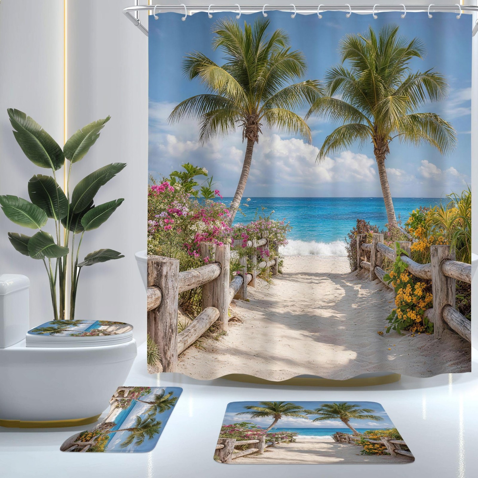 Beach Ocean Hawaiian Tropical 4Pcs Bathroom Shower Curtain Set with Rugs