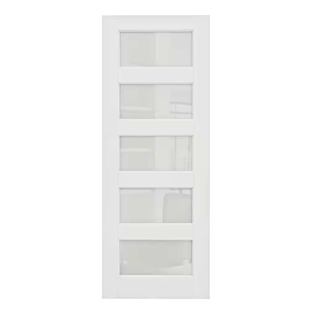 30 In. X 80 In. 5-Lite Tempered Frosted Glass White Solid Core Primed Wood Inter