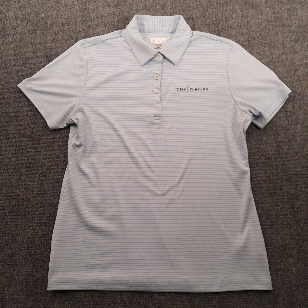 Greg Norman Shirt Womens Large Polo White Striped The Players Golf Athleisure