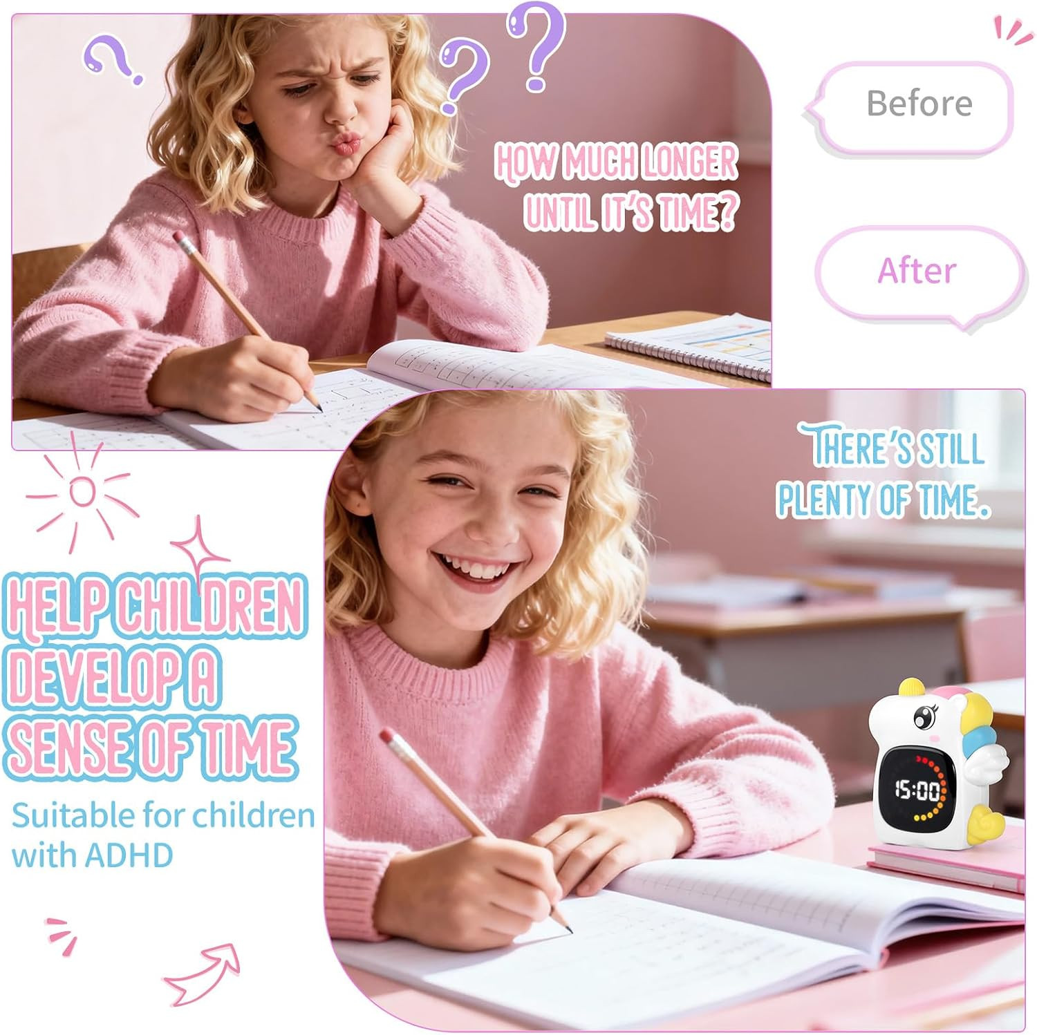 Unicorn Visual Timer for Kids, Rechargeable 99:59 Digital Countdown Potty Timer,