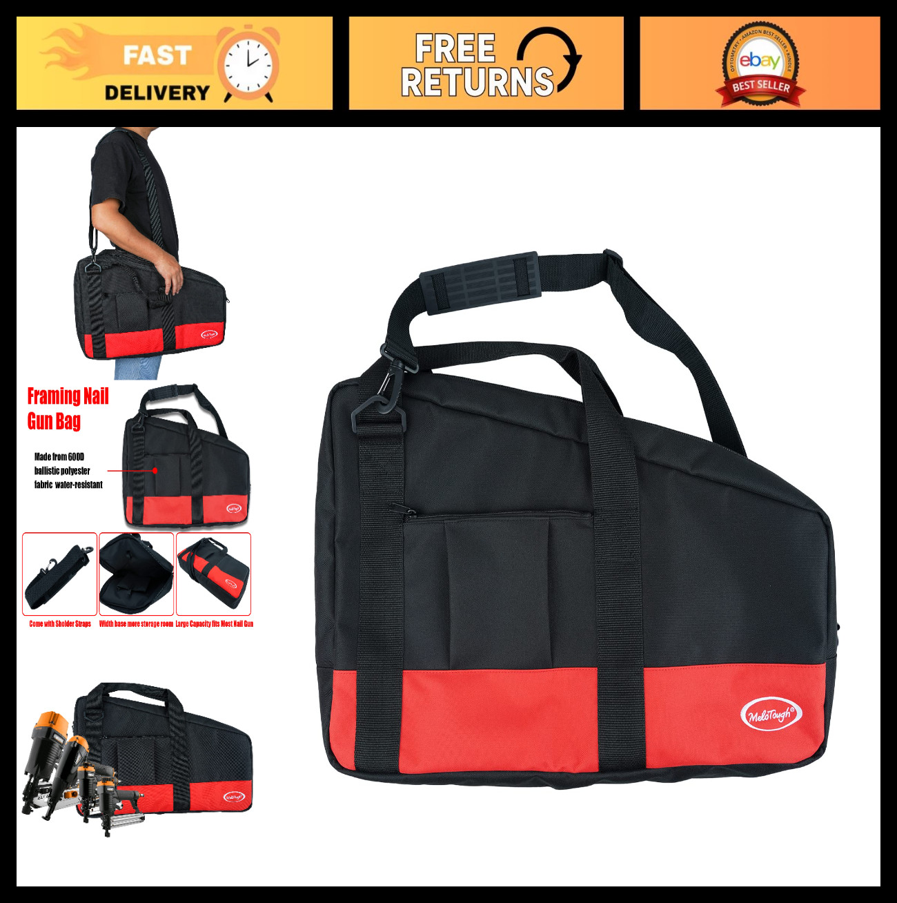 Heavy Duty Framing Nail Gun Tool Bag with Extra Storage Pockets & Shoulder Strap
