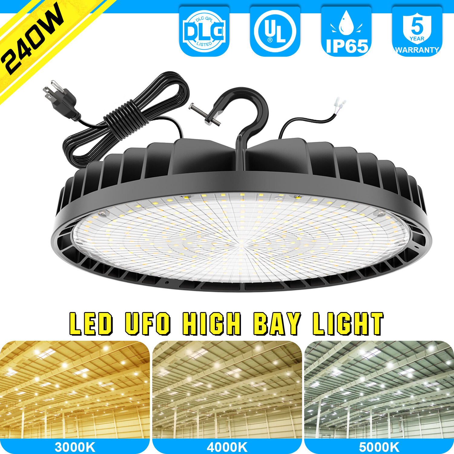 LED High Bay Light 240W Adjustable CCT Dimmable Warehouse Garage Light Fixtures