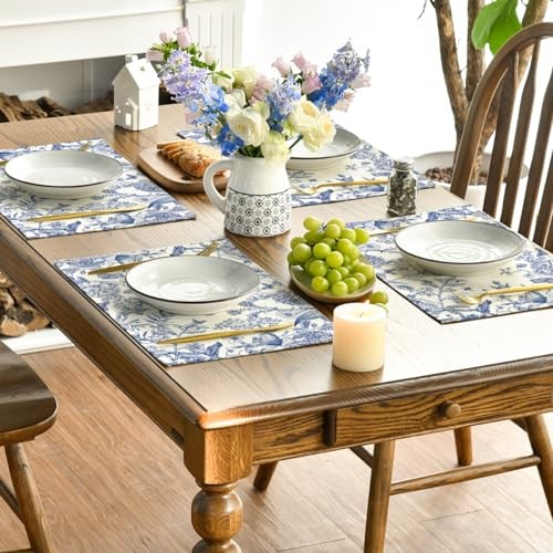 Hydrangea Flowers Branches Chinoiserie Spring 12" x 18", Rectangle 4 Pcs Blue