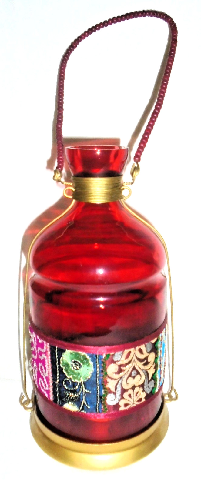 PIER 1 Boho Red Glass Hanging Lantern Candle Holder, India, New