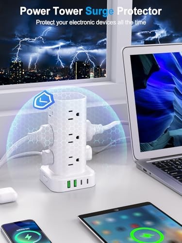 Power Strip Tower with Wireless Charger, Flat 6FT with Wireless Charging White