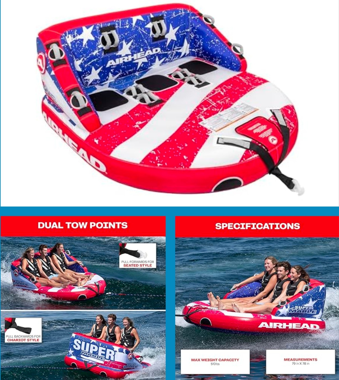 Airhead Super Mable 3 Person Towable Tube Inflatable Boat Dual Tow USA Stripes!