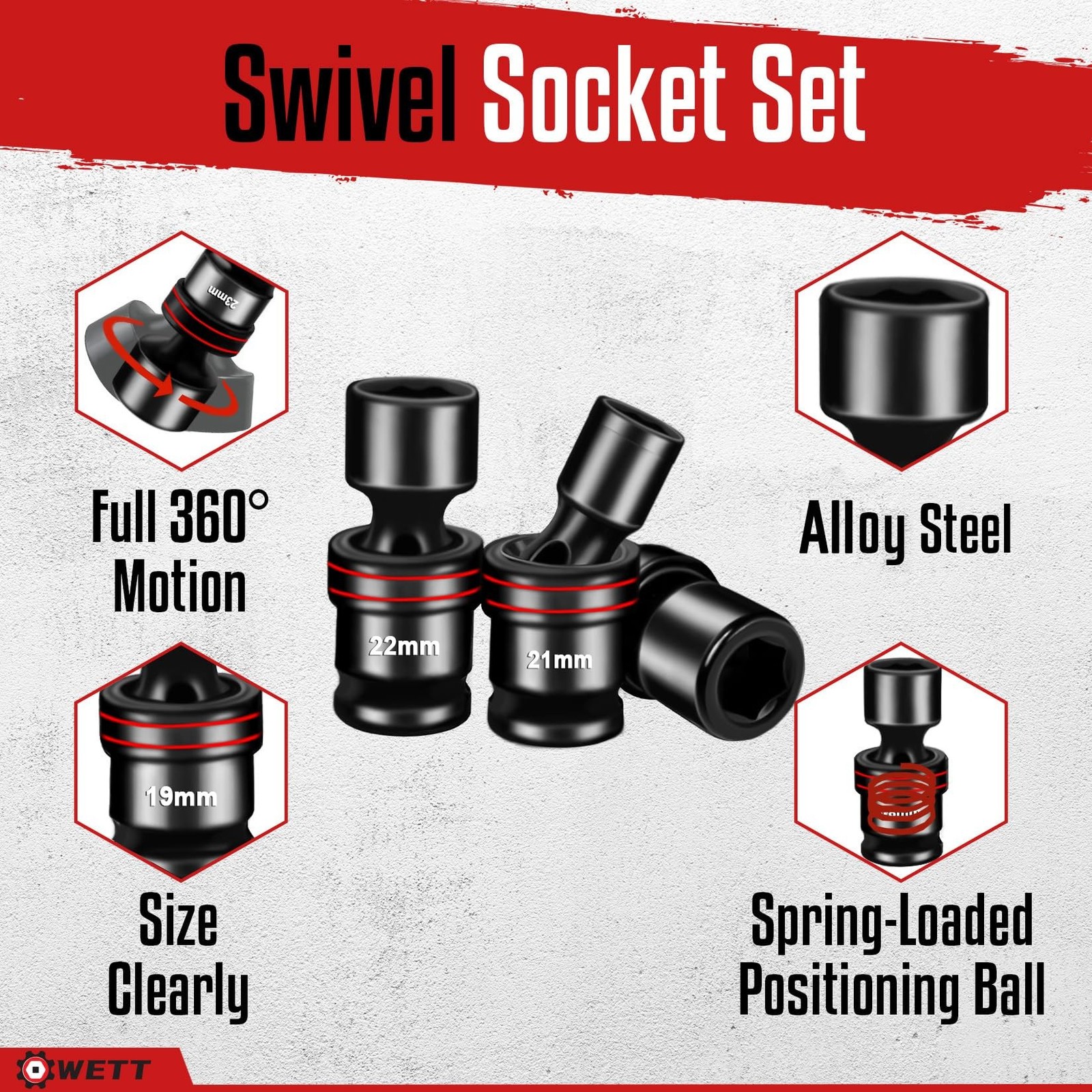 WETT 18-Piece 1/2" Drive Shallow Impact Universal Joint Socket Set,... Fast Ship