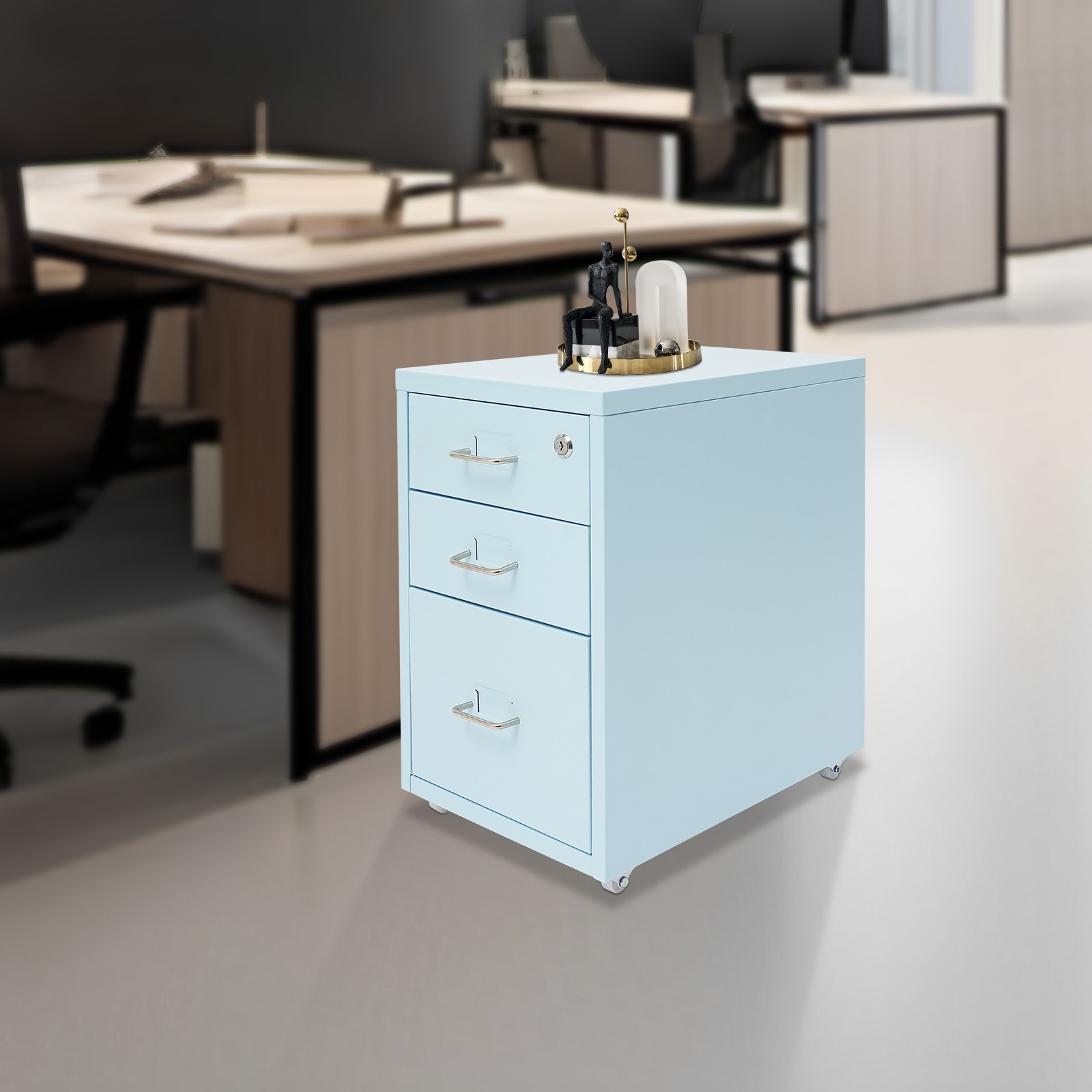 Blue Office Cabinet Filing Cabinet Storage 3 Drawers Lockable File Organizer