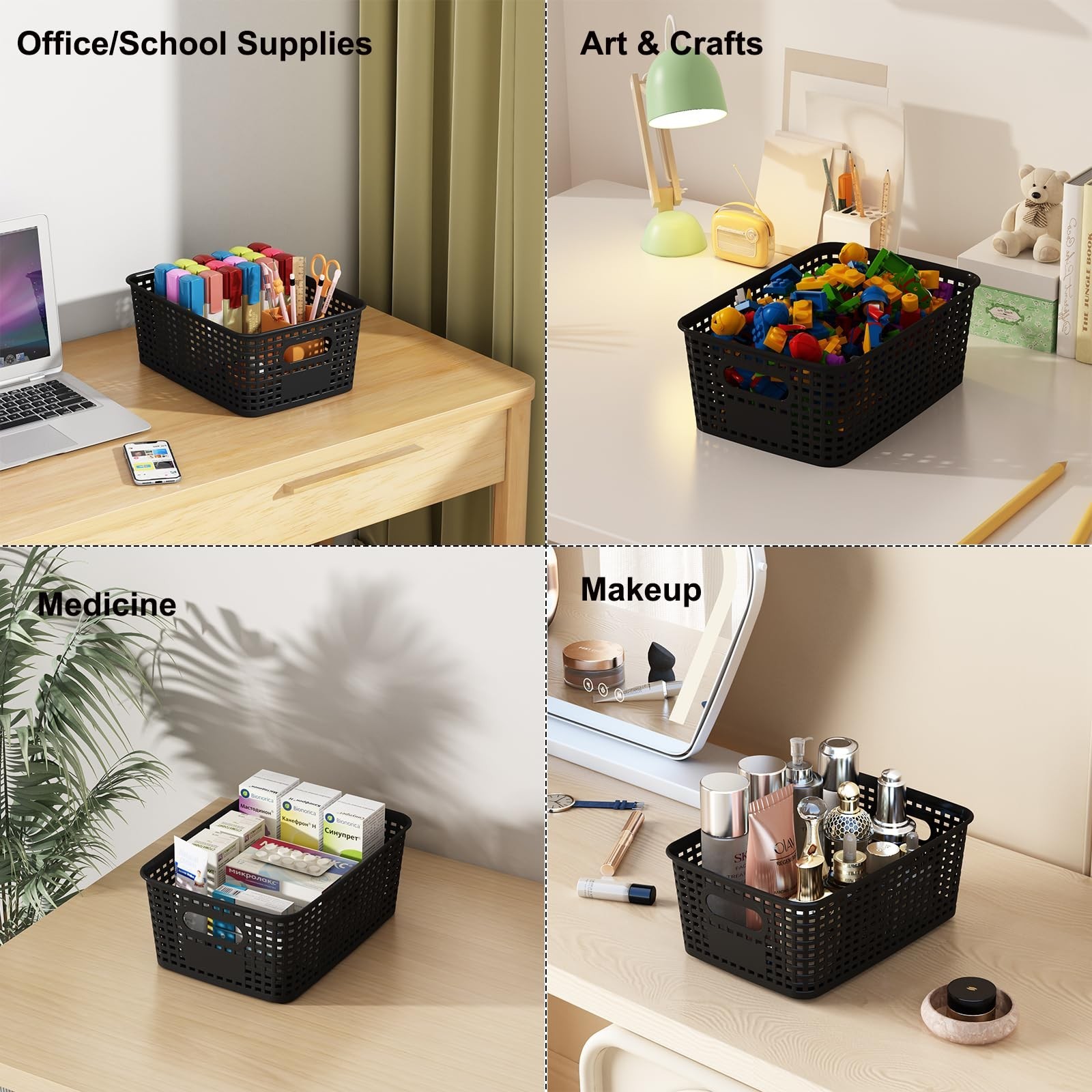 Black Plastic Storage Baskets with Lids 12 Pack Stackable Storage Bins Contai...