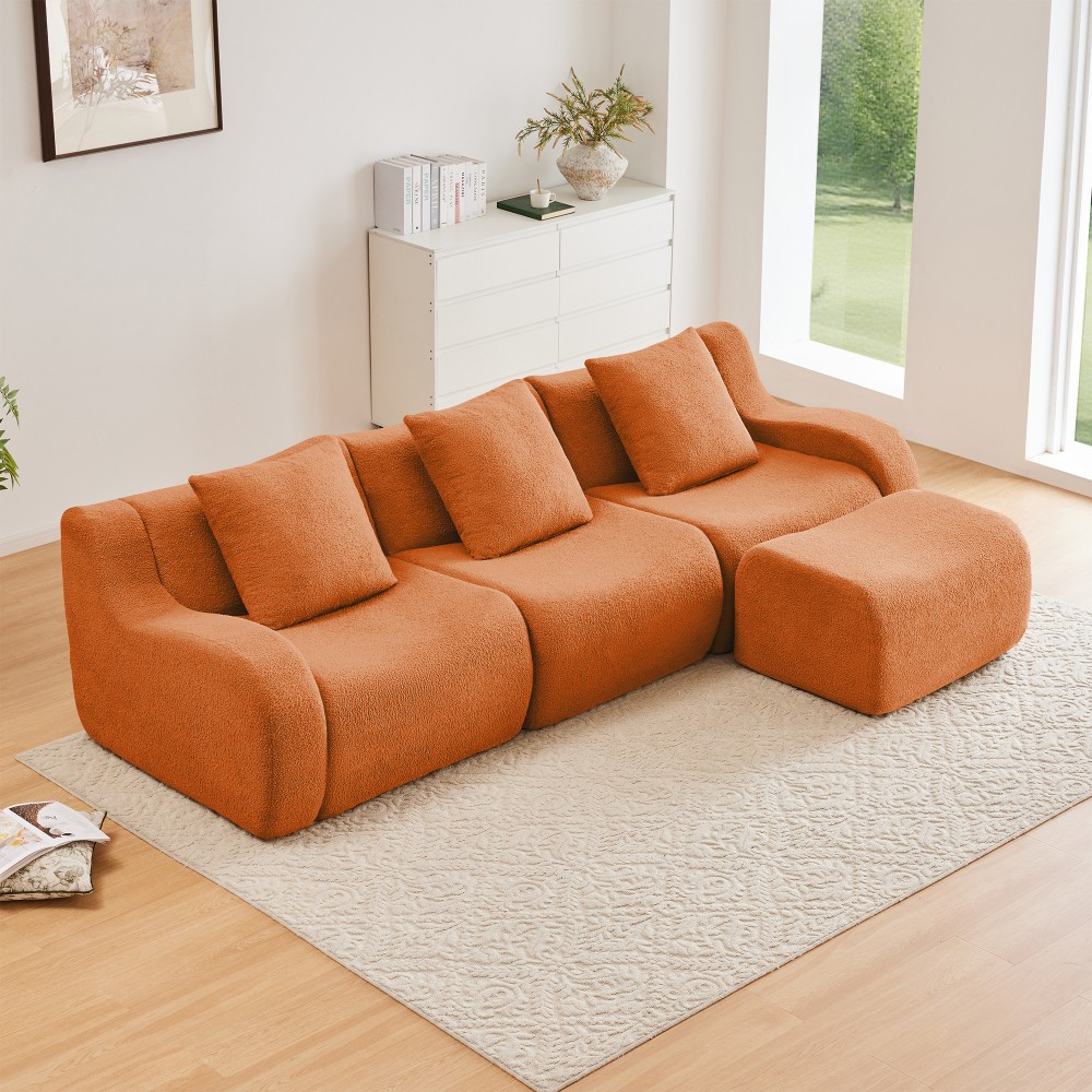 3-Seat Sofa w/ Teddy Fabric, Anti-Slip Base & Curved Armrests - Orange