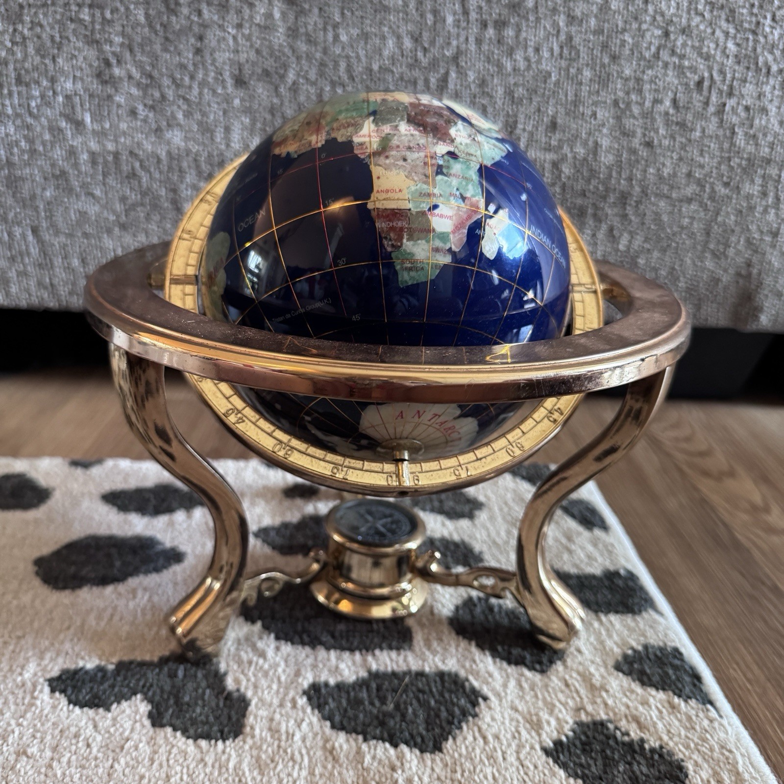 Gemstone World Globe Brass Stand Compass Tabletop Decor 10”