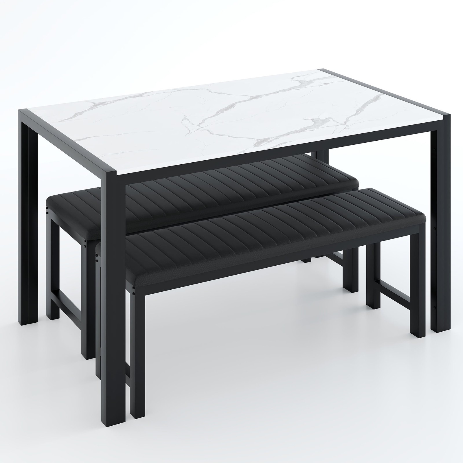 Modern 3-Piece Rectangular Dining Table 2 Upholstered Padded Dining Benches