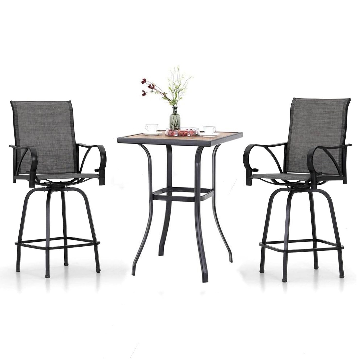Patio Bar Table Chair Set of 3 Outdoor Swivel Bar Height Chair Bar Stools