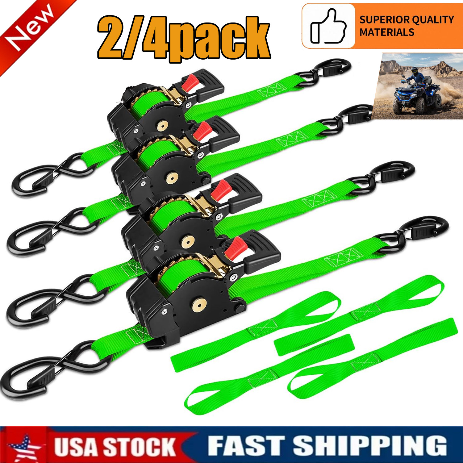 2/4-Pack 10FT Retractable Ratchet Tie-Down Straps | 1763LBS Heavy-Duty | S-Hook