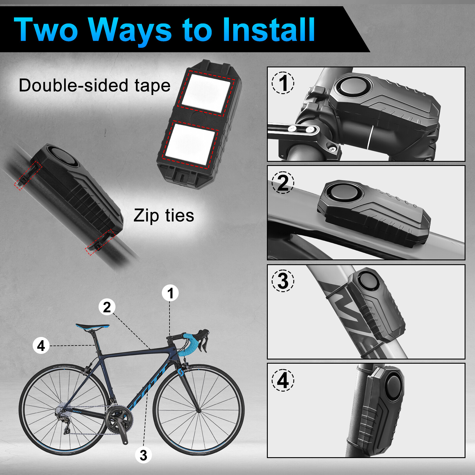 Bike Alarm, Wireless, Anti-Theft, Vibration Motion Detector, 113 dB, IP55