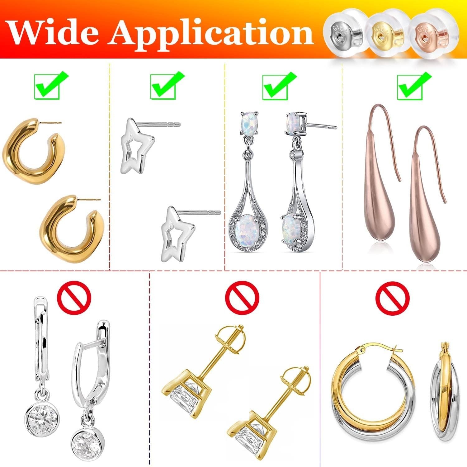 18K Gold Locking Secure Earring Backs for Studs, Silicone Earring Backs Replacem