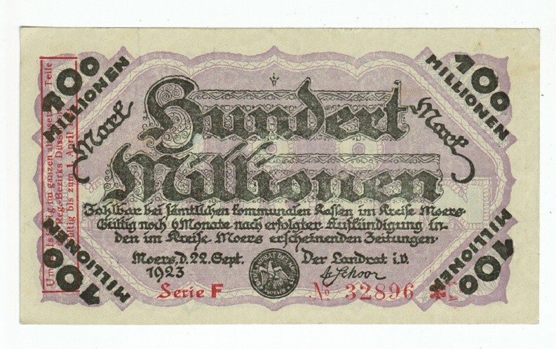GERMANY BANKNOTE 100 MILLION MARK MOERS 1923