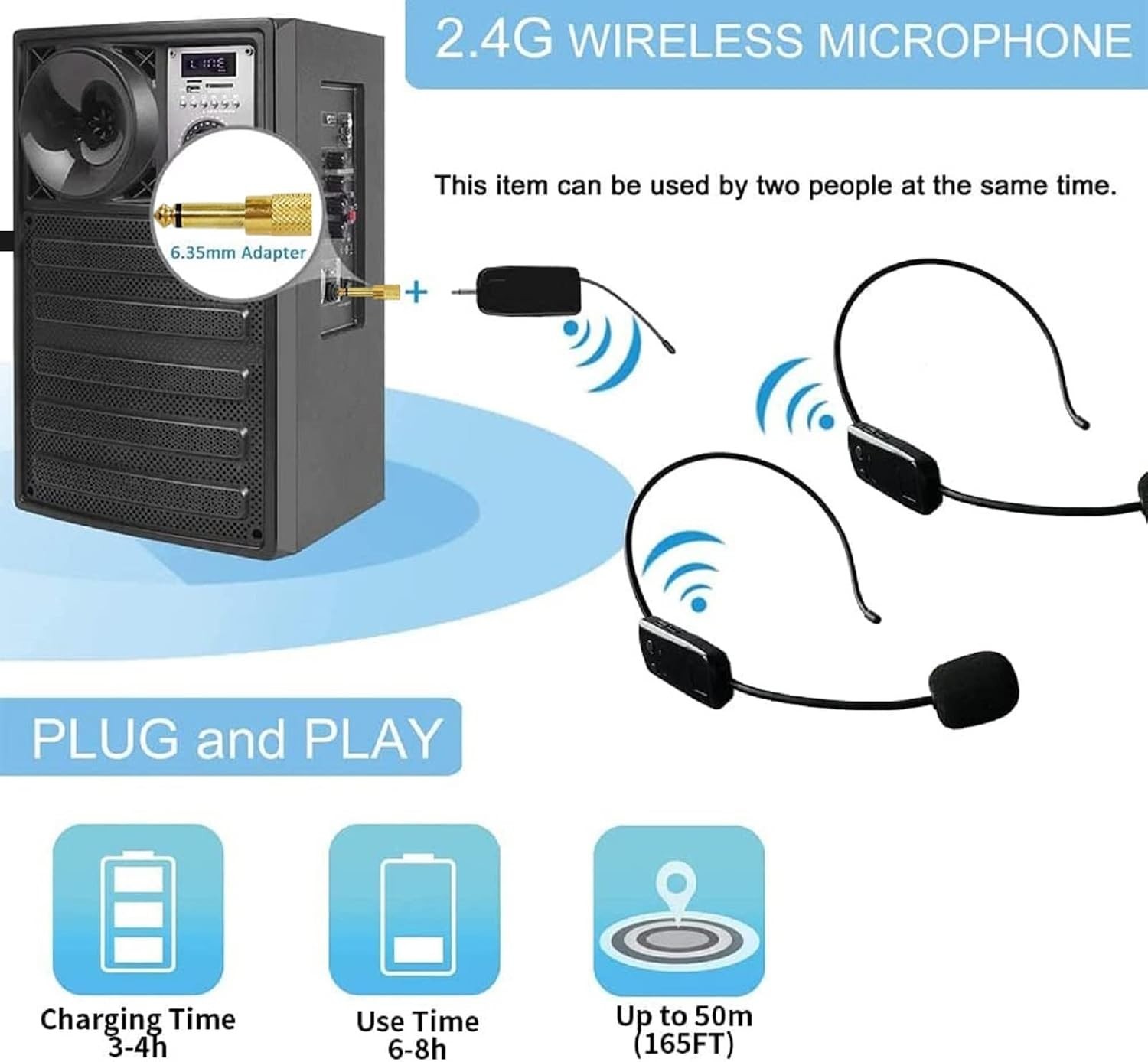 Wireless Microphone System for 2 People, 2.4G Dual Wireless 2x Headset Mic