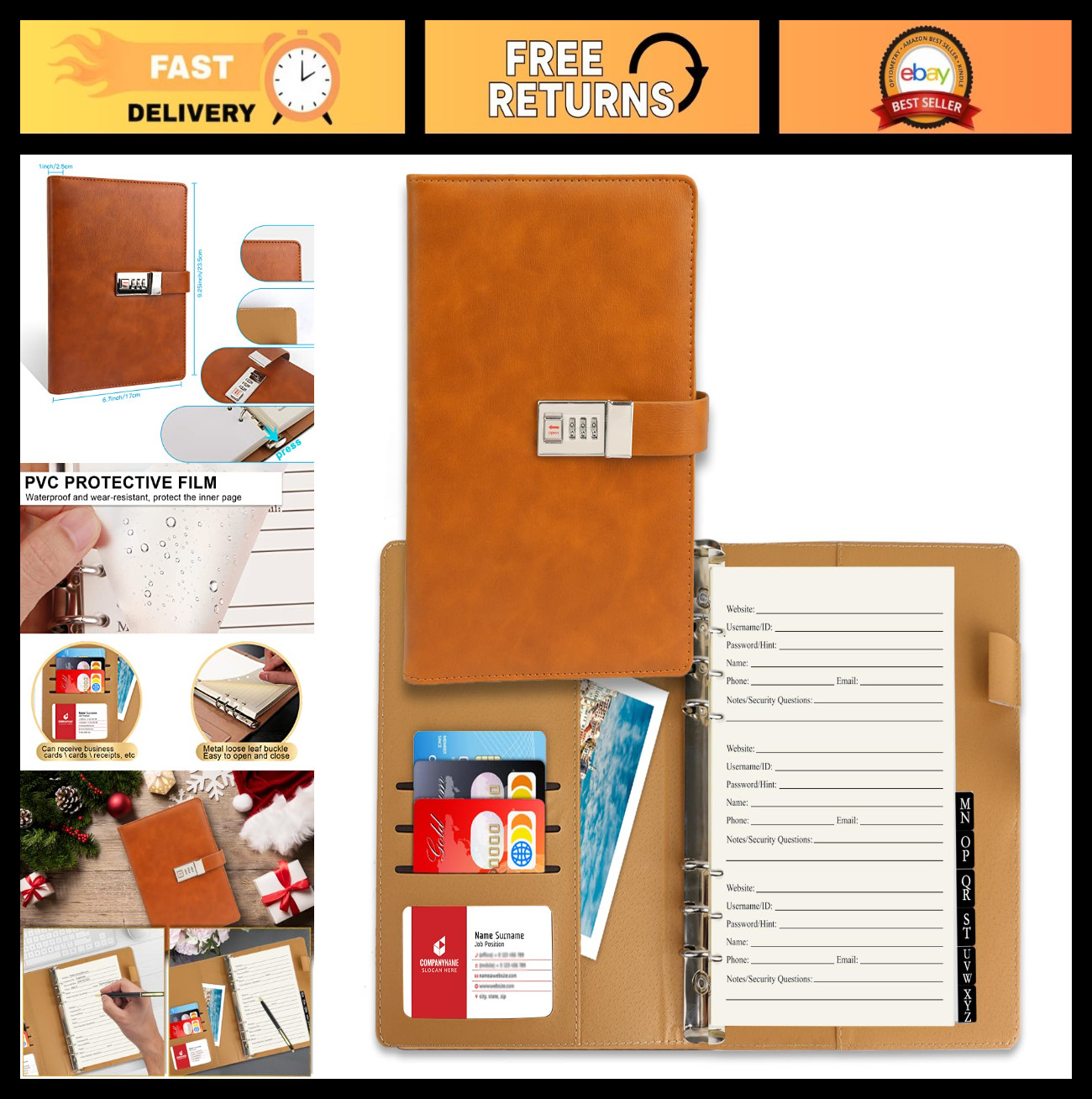 Password Book with Alphabetical Tabs & Lock, 302 Pages, Refillable Logbook, A5