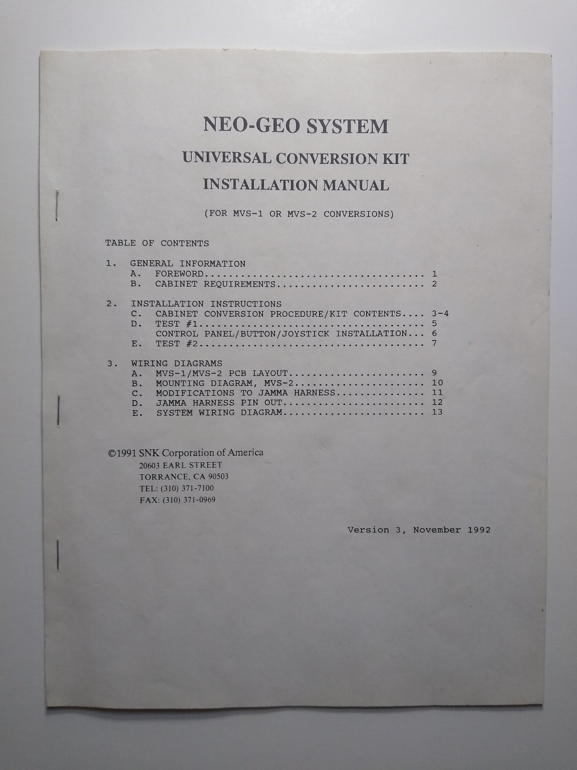 SNK NEO-GEO MVS-1 MVS-2 Conversion Kit Installation Manual 1992 JAMMA