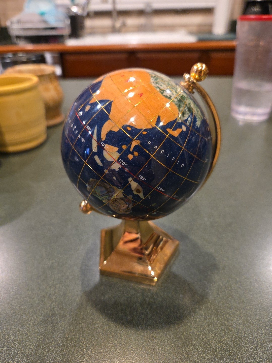 GLOBE Blue Lapis Semi Precious Inlaid Gemstones & Brass Stand Desktop 5.5" H