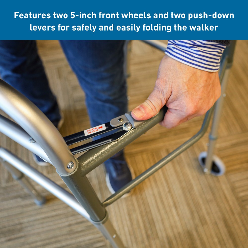 BodyMed Two Button Folding Walker with Wheels, Lightweight Mobility Aid