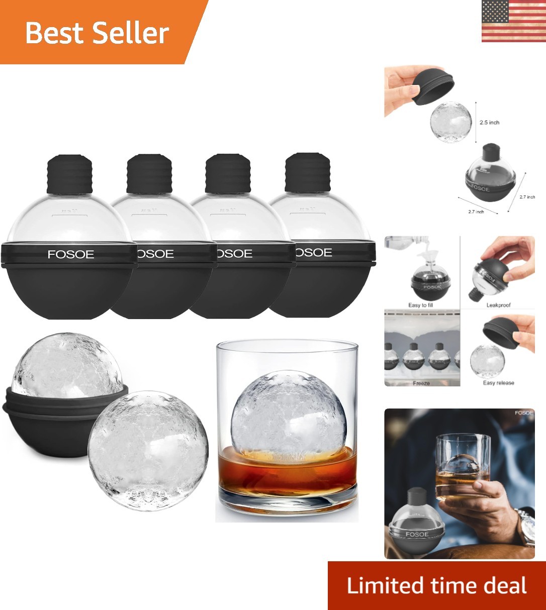 Easy Release Black Silicone Ice Ball Molds - Perfect for Whiskey or Cocktails