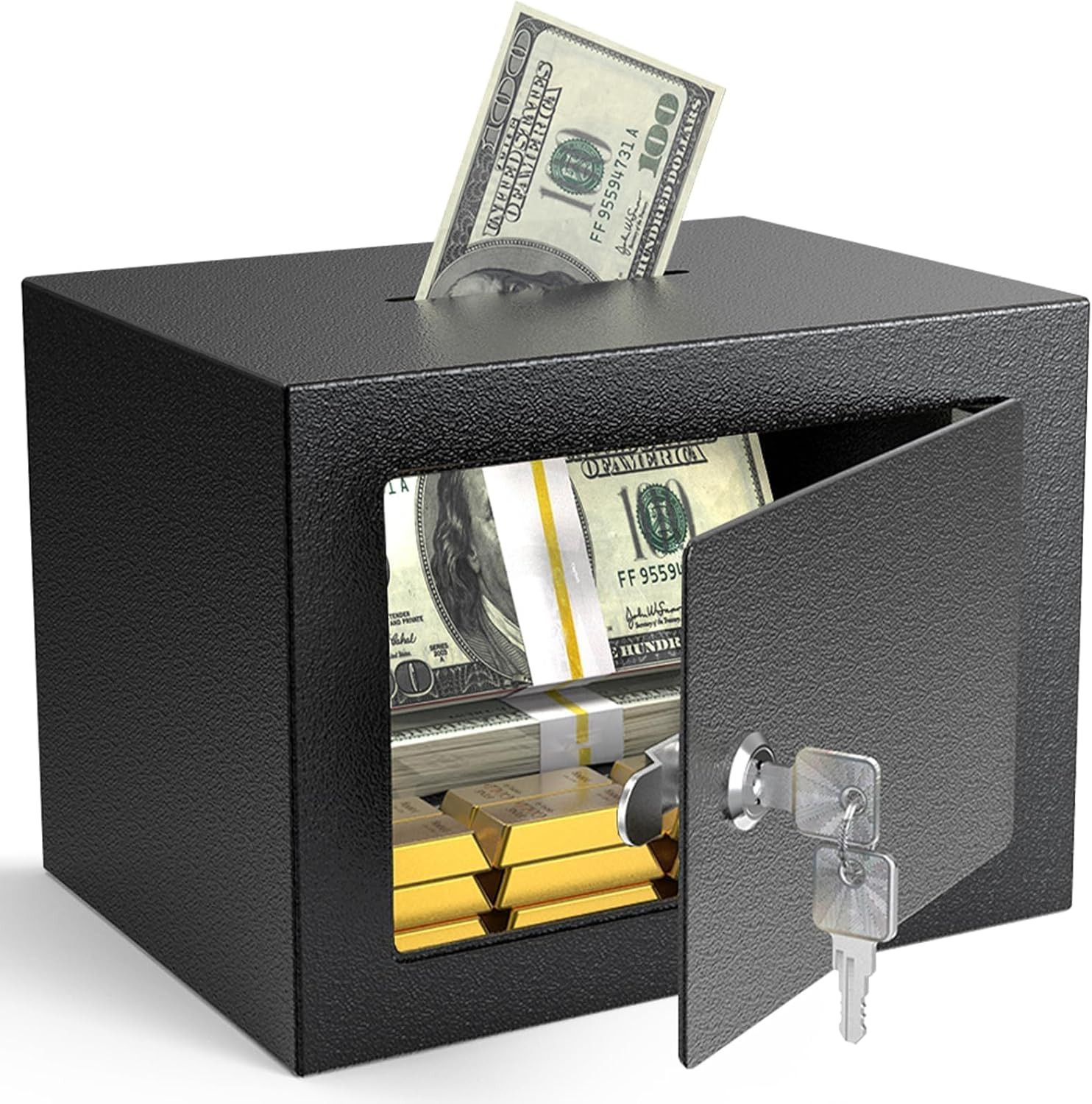 Small Safe Box with Key Lock,Mini Safe for Money with Coin Slot，Steel Security D