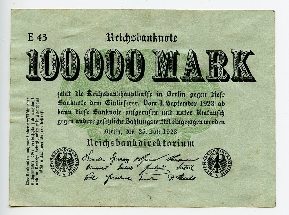 GERMANY 1923 100000 Mark P# 91a Small Digit Serial Number