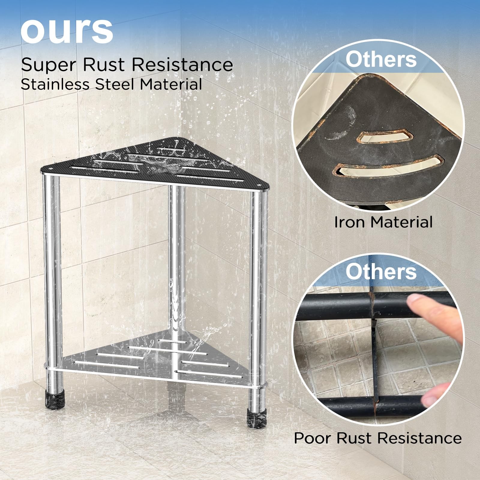 Stainless Steel Shower Stool for Inside 15.4'' H Foot Rest Corner with Storage