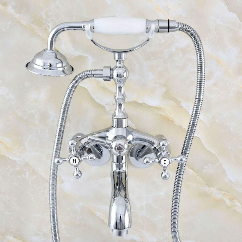 Chrome Wall Mount Bathtub Clawfoot Faucet With Hand Shower Adjustable 3 3/8"