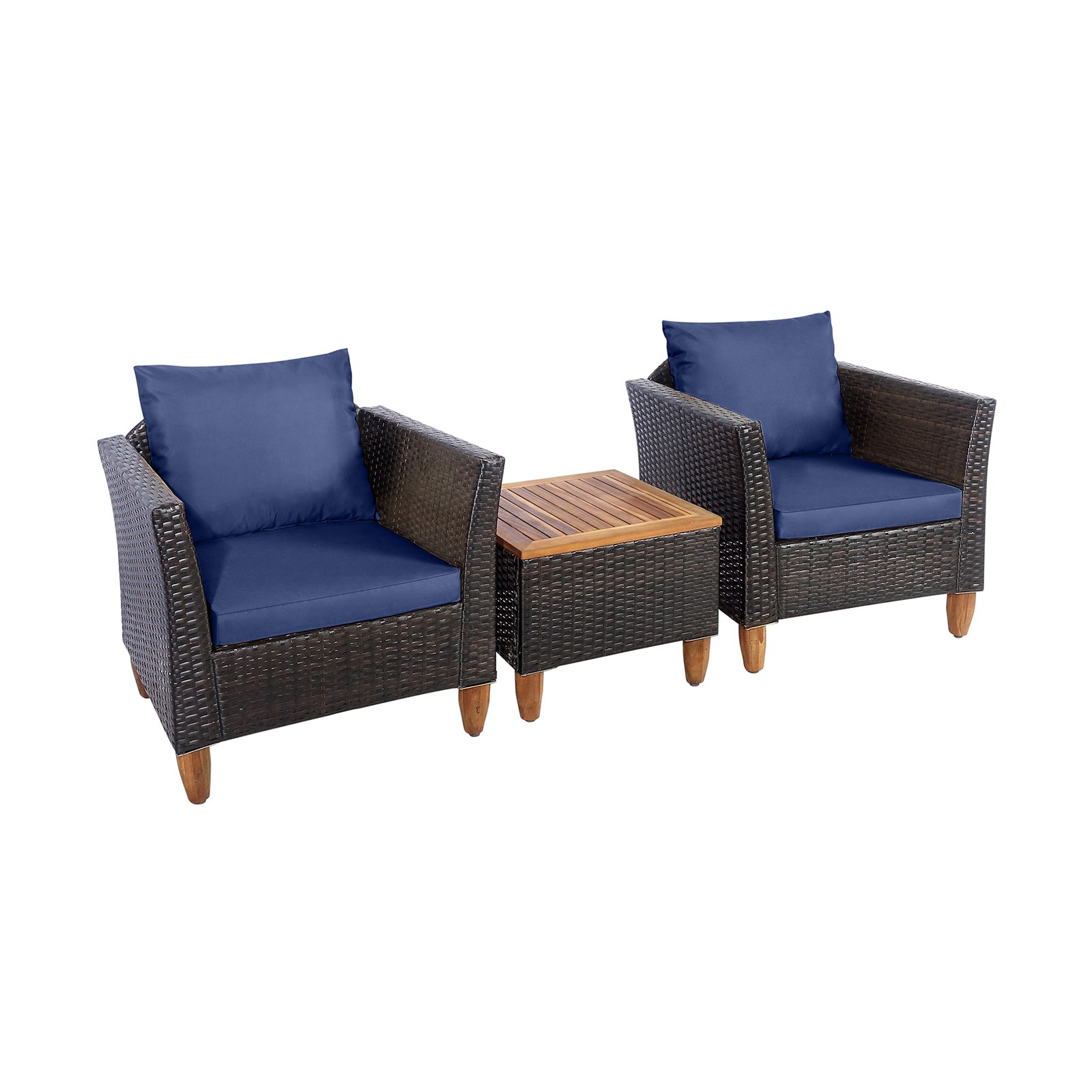 Patiojoy 3 Pieces Outdoor Rattan Furniture Set Wicker Bistro Set Wooden Table