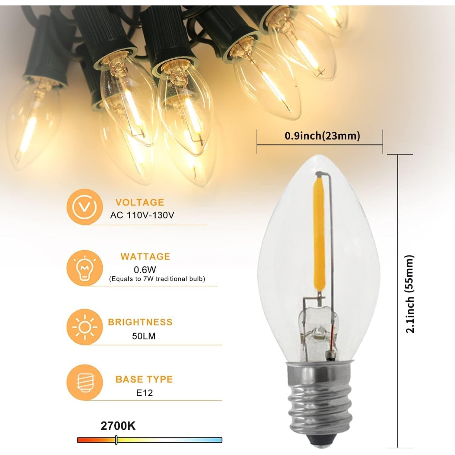 Set of 2 Accessory Cord with 2 C7 Led Light Bulb 6Ft Light IndoorString Lights