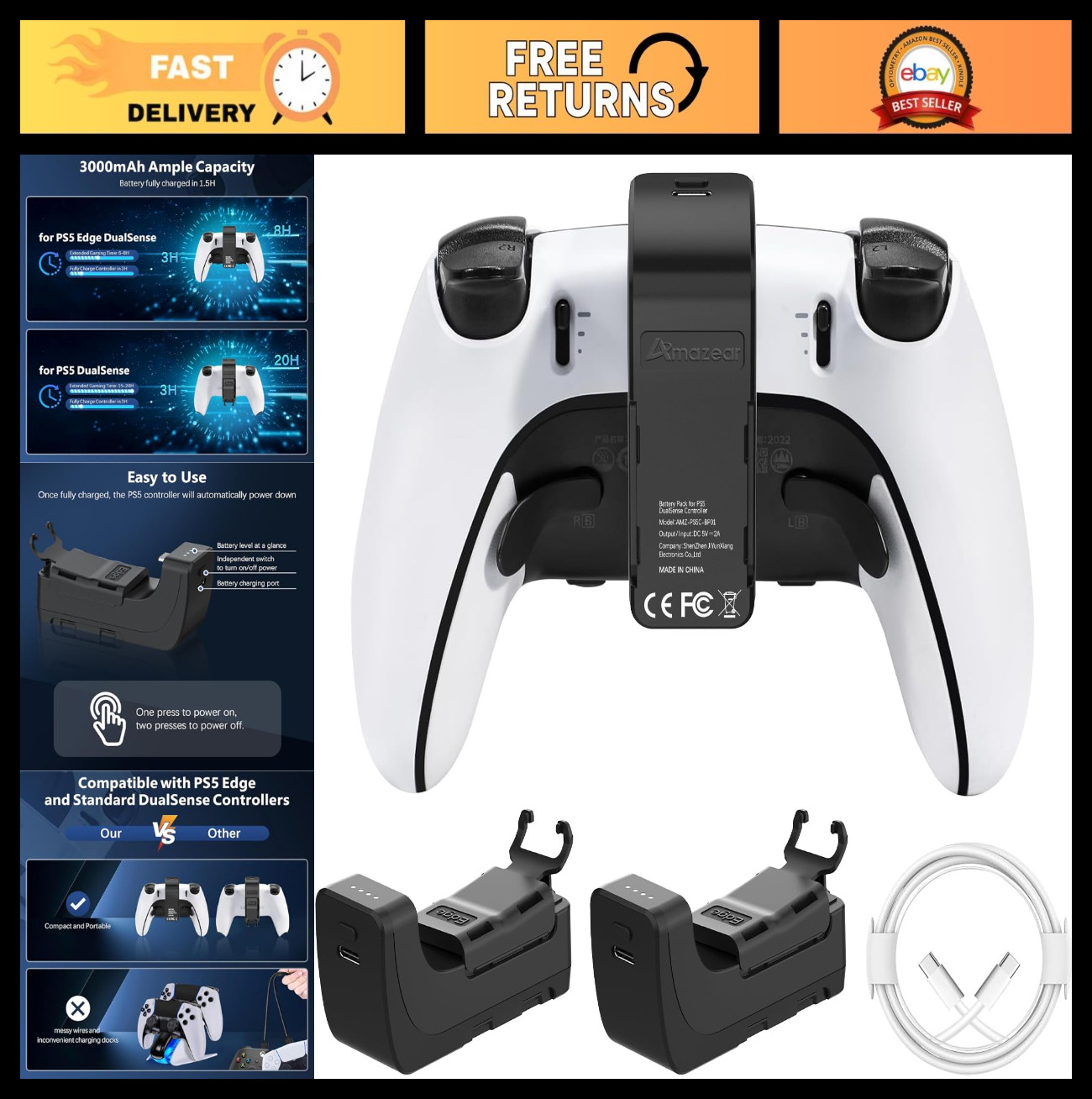 3500mAh Battery Pack for PS5 DualSense Edge Controller - Fast Charging 2 Pack