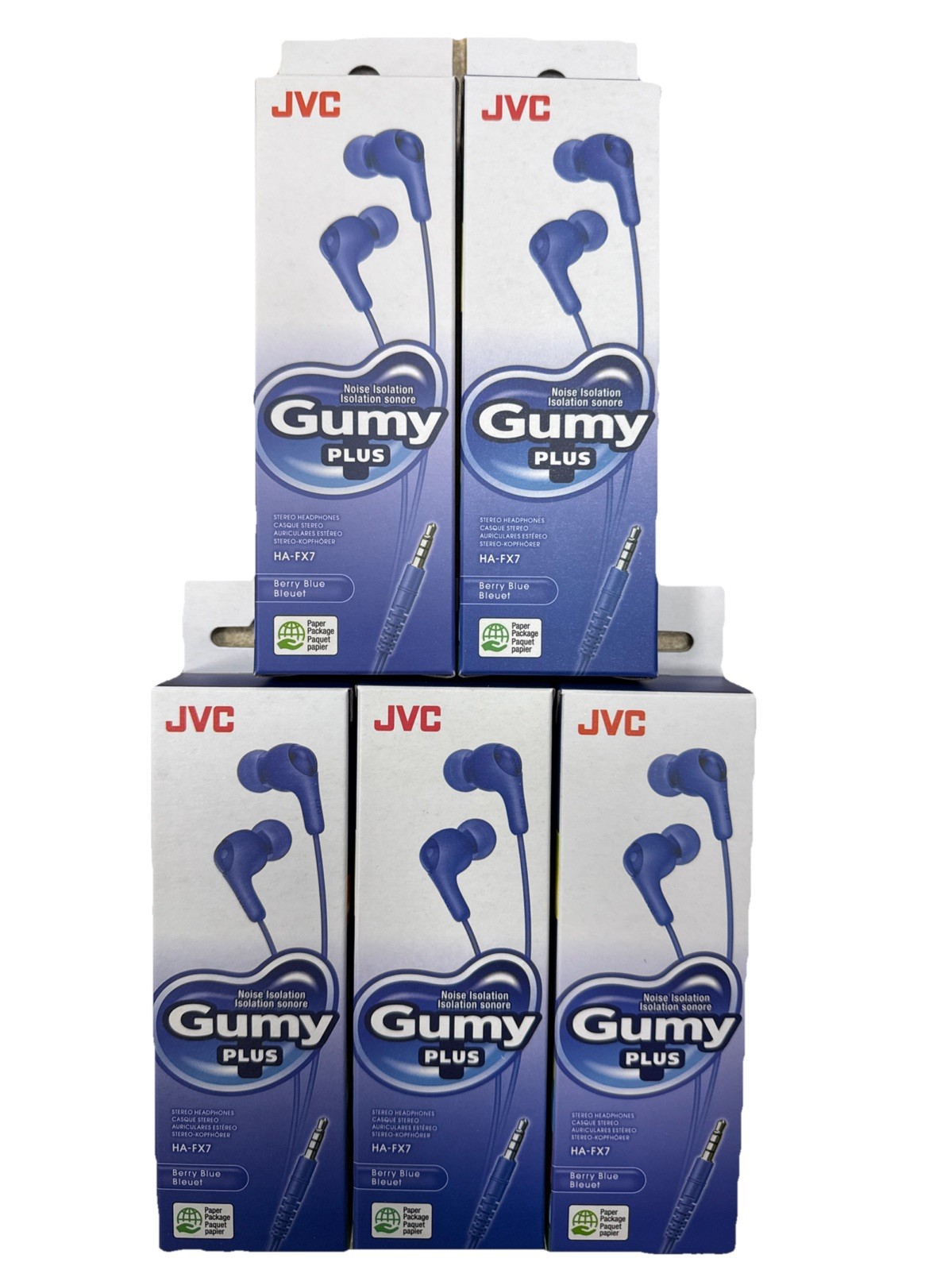 LOT OF 5 JVC TV HA-FX7AN Gumy + PLUS Wired Headphones Berry Blue NEW