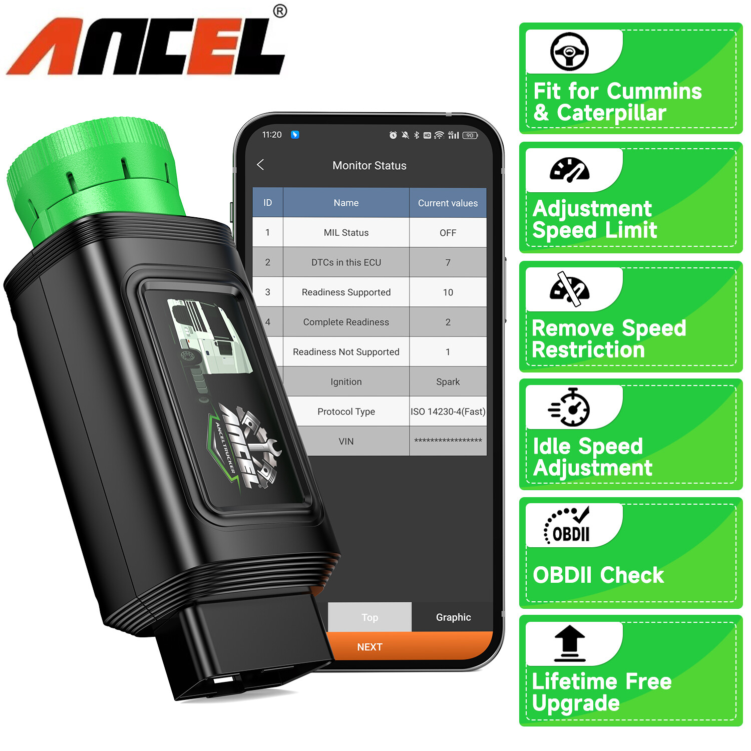 ANCEL HD200 OBD2 Heavy Duty Trucks Scanner All System Speed Limit Reset Diesel