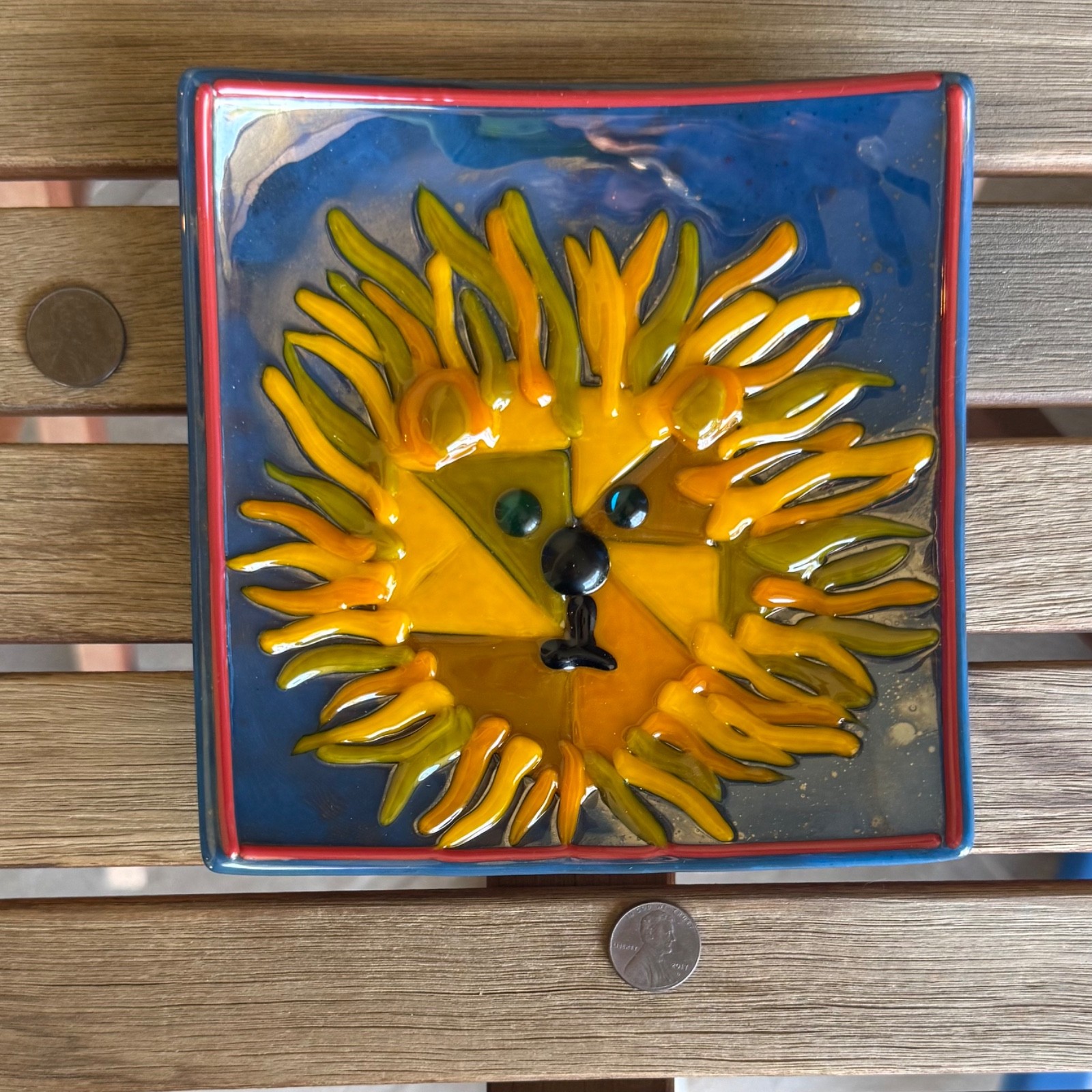 Fused glass plate with painted lion - 6x6 inches - HANDMADE