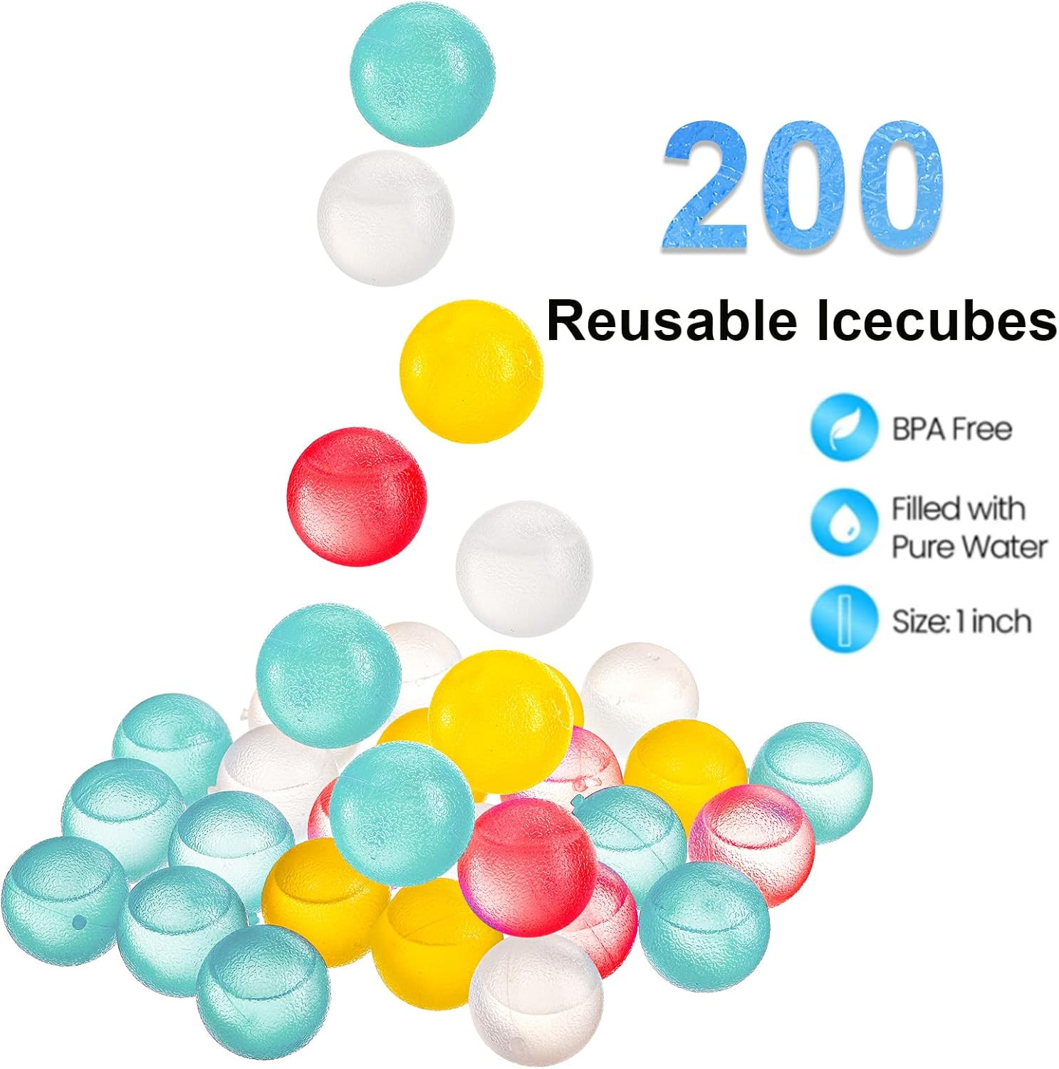 200 Pack Reusable Ice Cubes for Drinks, Colored Plastic, round for Cocktails, Wi