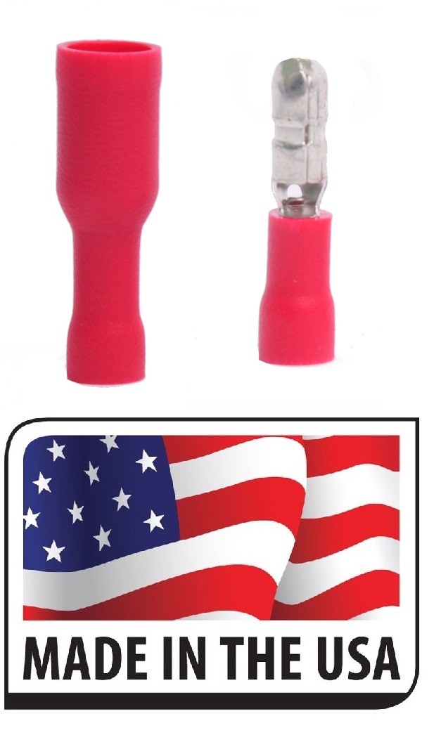 (100) RED 22-18 GA. BULLET CONNECTOR (MALE/ FEMALE) VINYL TERMINAL MADE IN USA