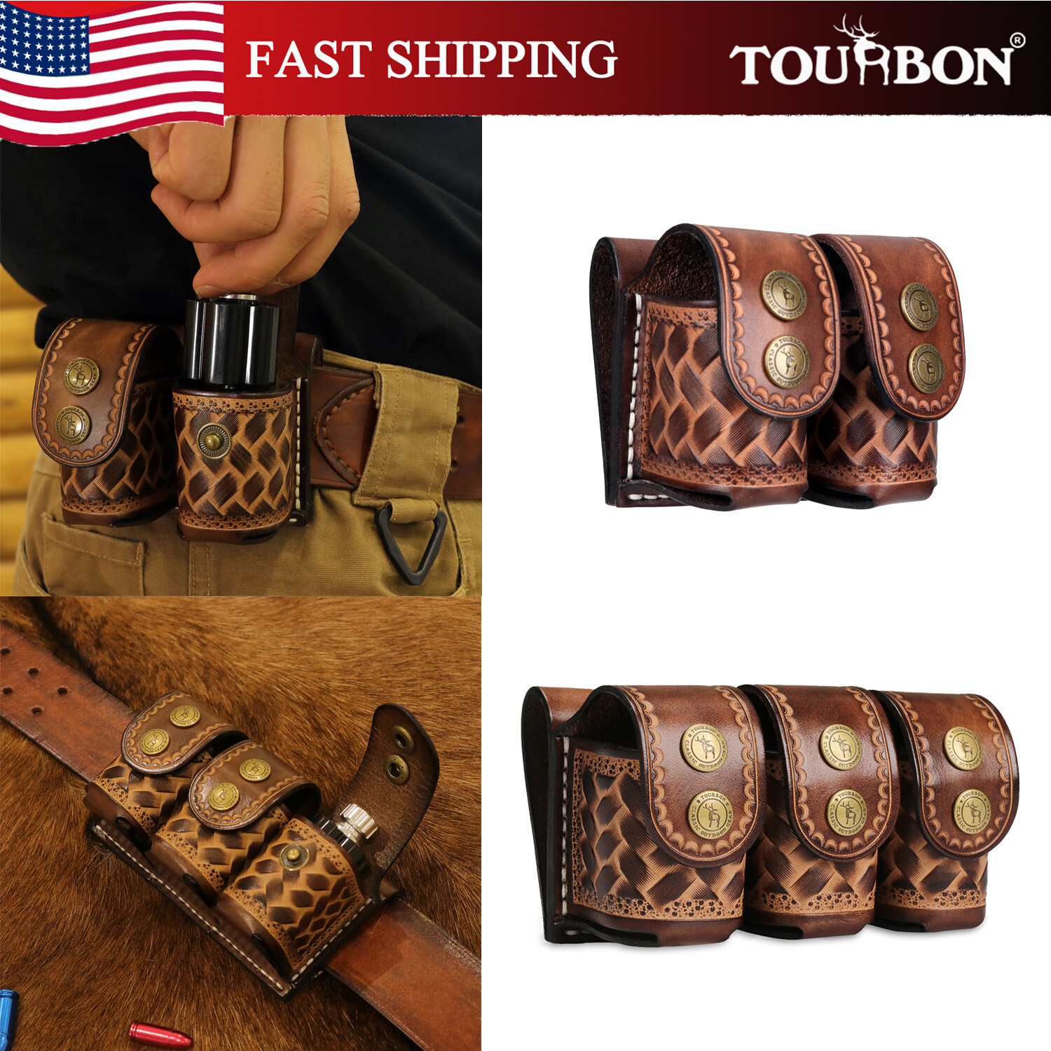 TOURBON Leather Revolver Double/Triple Speed Loader Pouch for .357 Mag Gift US