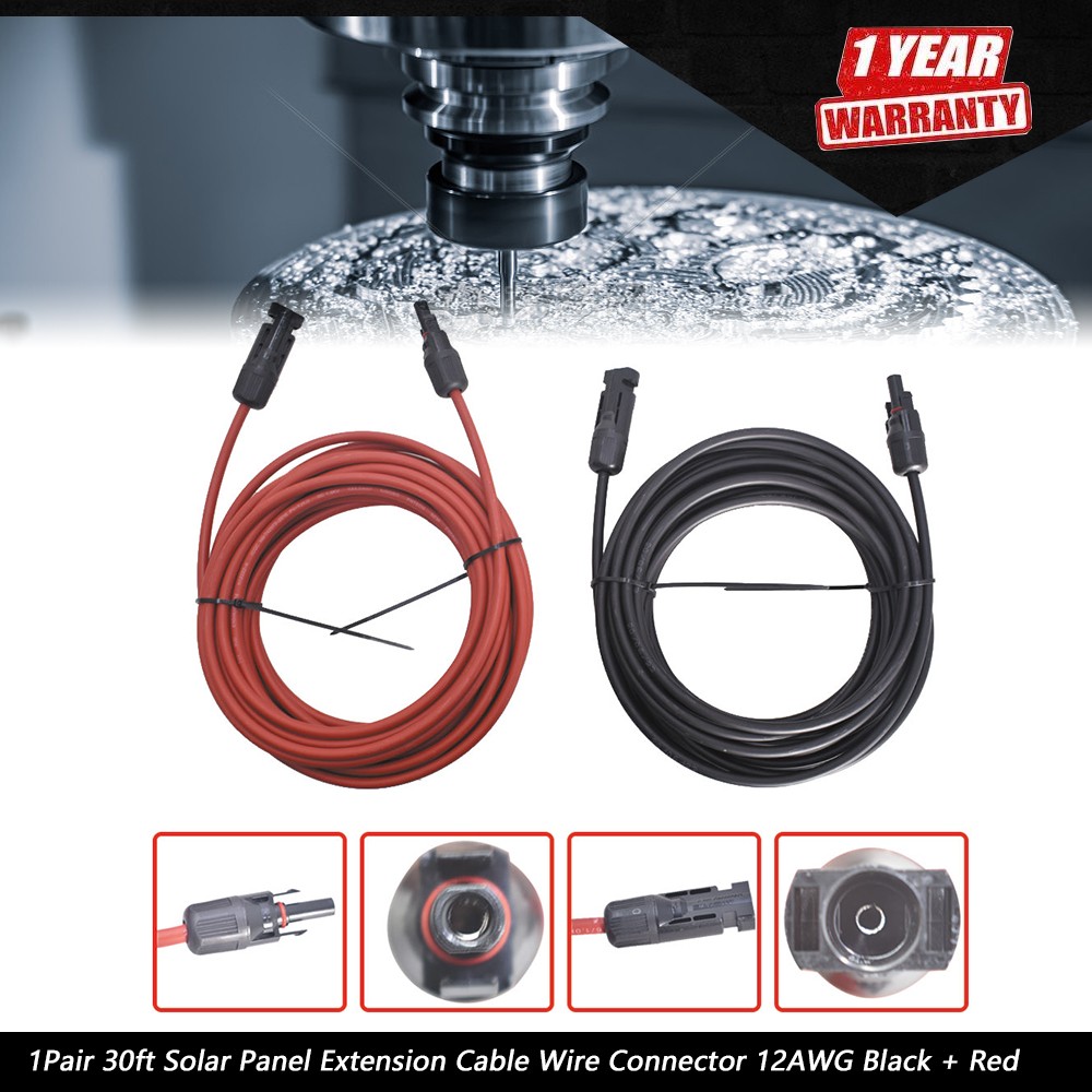 1 Pair 30ft  Solar Panel Extension Cable Wire Connector Black + Red 12AWG