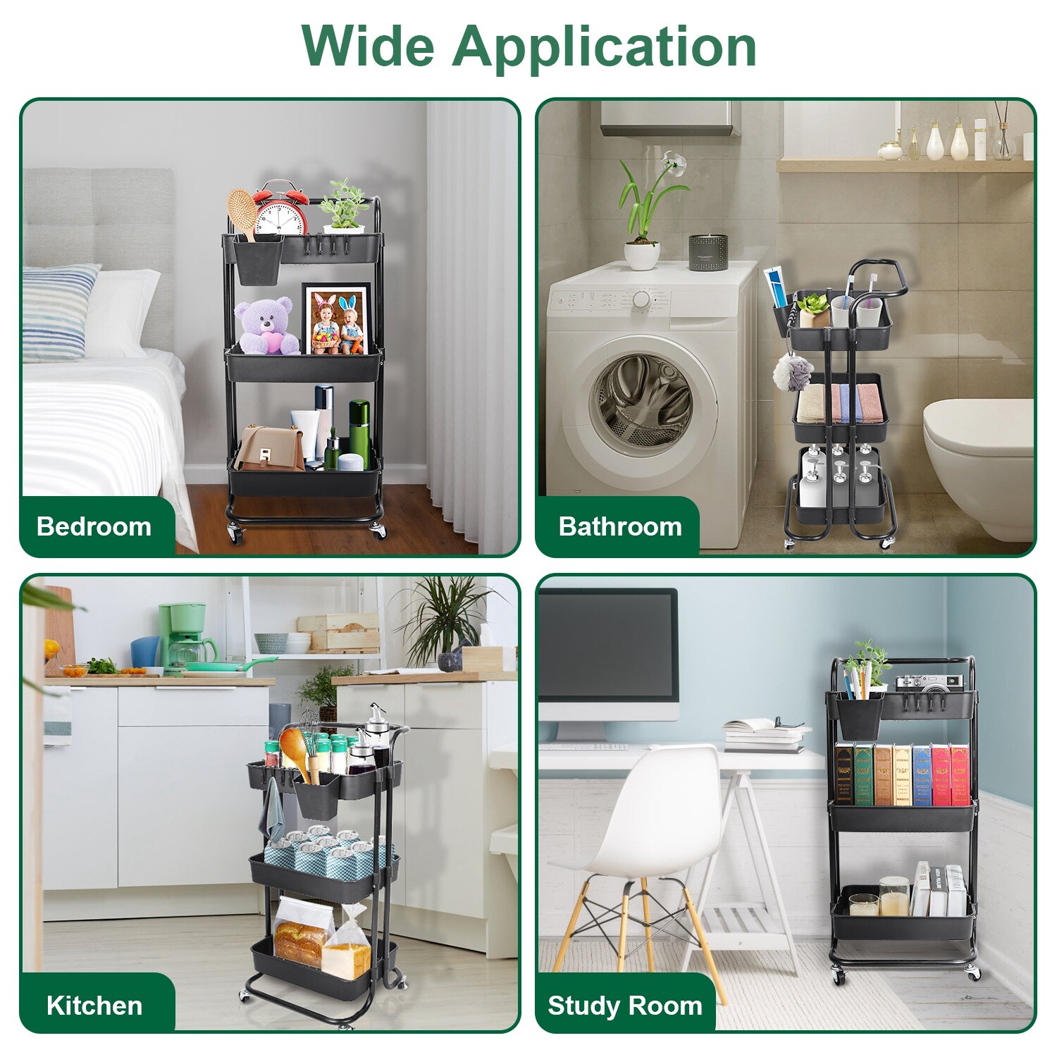 3 Tier Rolling Utility Cart Movable Storage Organizer w/ Baskets Lockable Wheels