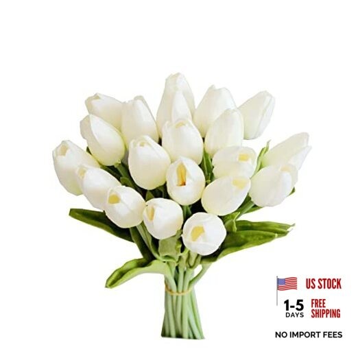 White Artificial Tulips Flowers Centerpiece, 13.5" Lifelike PU Fake Floral