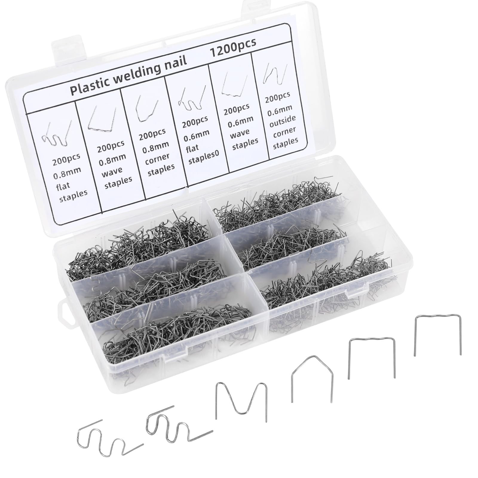 Hovom 1200PCS Plastic Welding Staples, 6 Sizes 0.6mm 0.8mm 1200PCS, Silver
