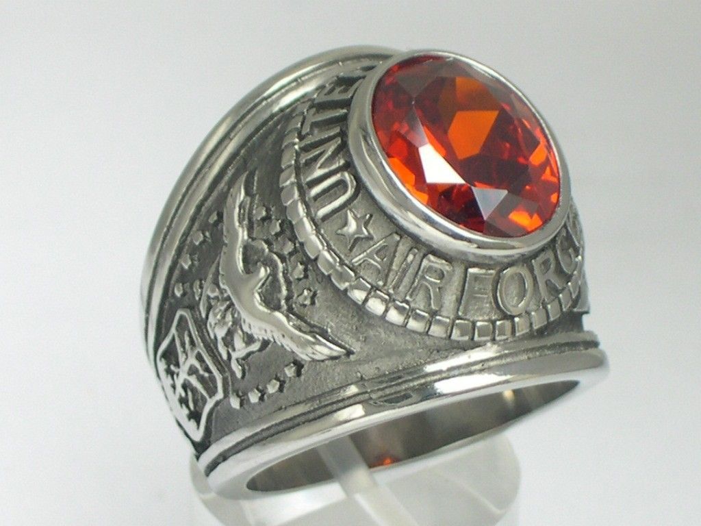 Stainless Steel United States Air Force Military Garnet Stone Men Ring Size 7-15