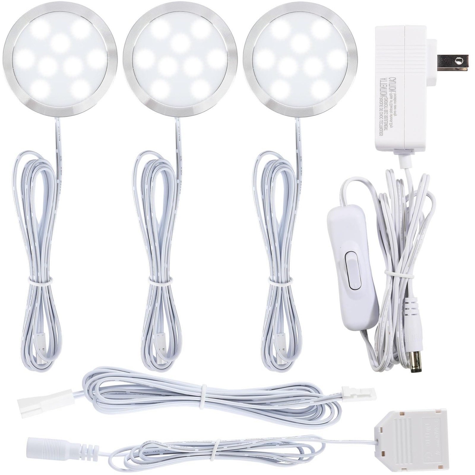 Meigour Plug-in Under Cabinet Round Puck Light 3, 3 Lights, 6000K Cool White