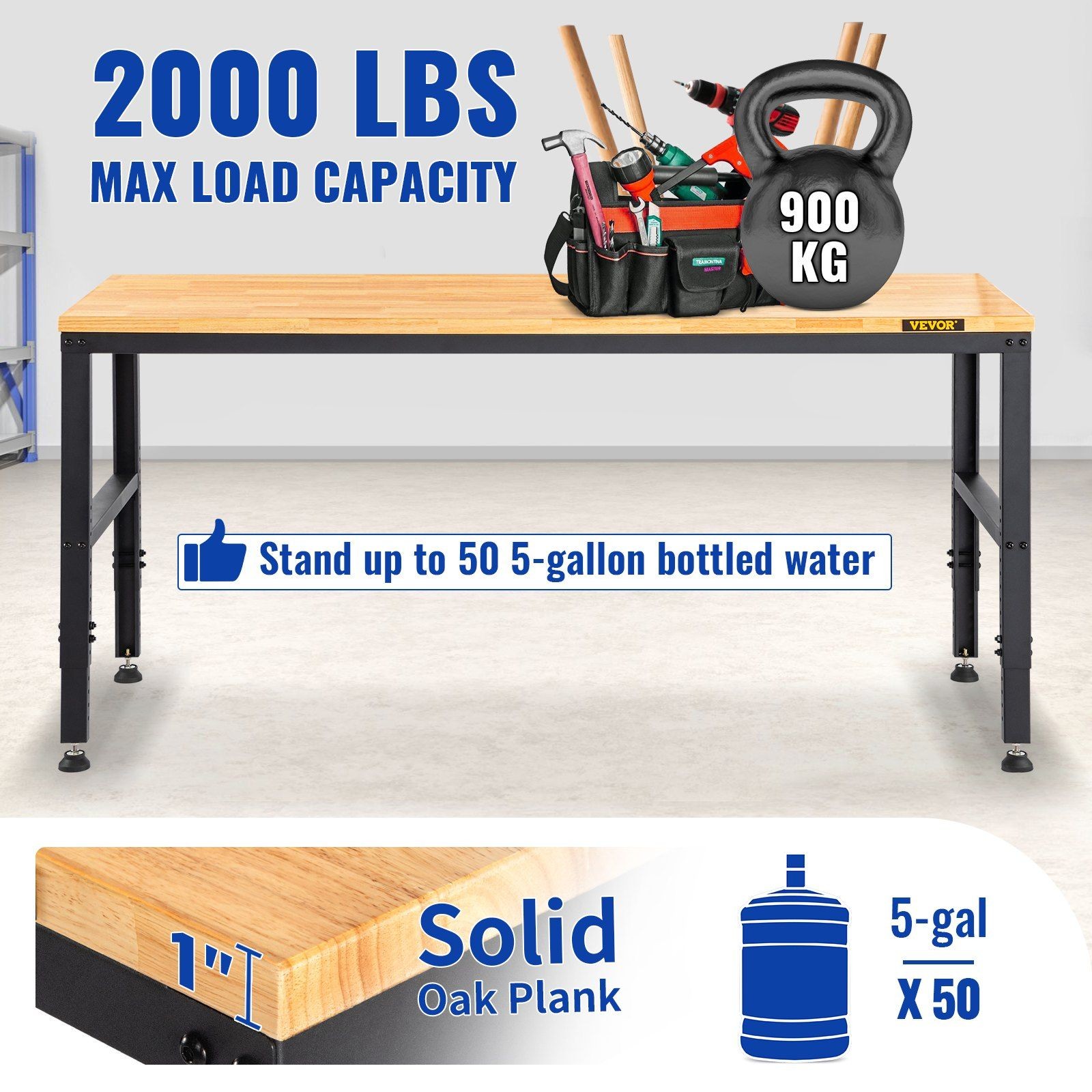 48" Workbench 2000LBS Capacity Adjustable Height w/ Power Outlets Hardwood Top