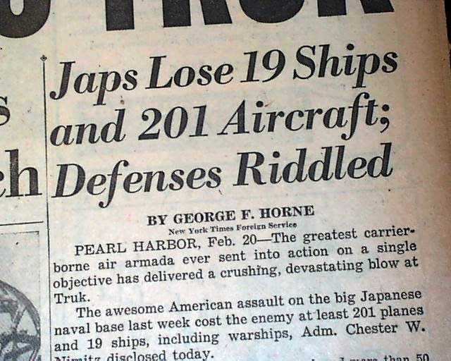 BATTLE OF TRUK ATOLL Operation Hailstone v. Japanese 1944 World War II Newspaper